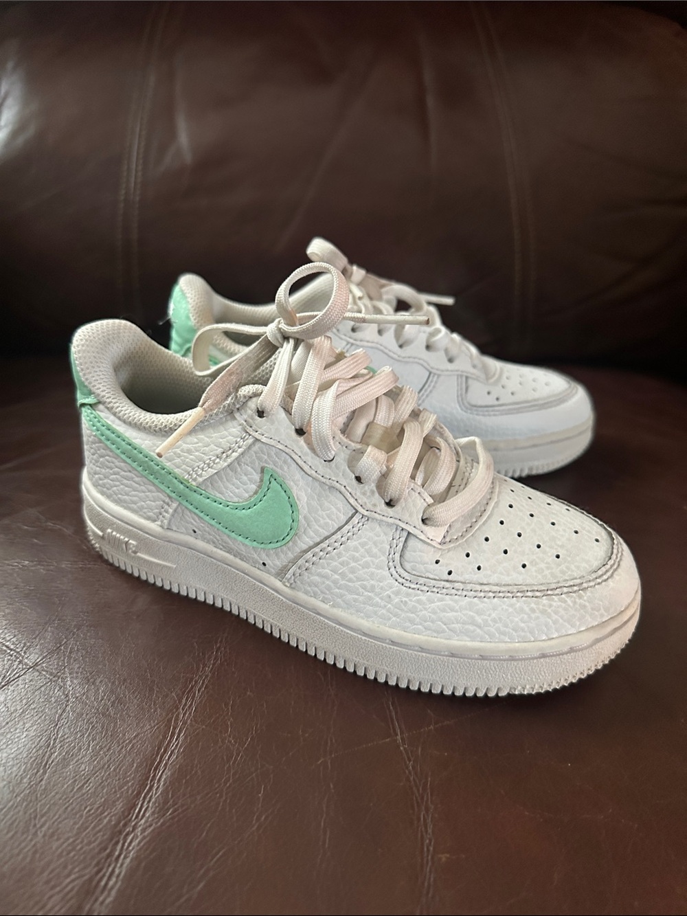 Nike White Low-Top Force 1 Sneakers with Mint Green Swoosh